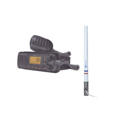 Kit de radio UM385BK | mas antena marina de fibra de vidrio TX-5101SYS/10M fabricada en fibra de vidrio con base roscable de acero inoxidable 