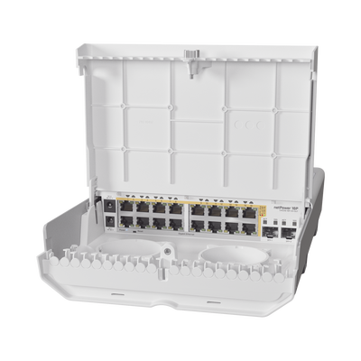 [CRS318-16P-2S+OUT] (netPower 16P) Switch administrable Sistema Operativo Dual, 16 puertos c/PoE, 2 puertos 10G SFP+ para Exterior