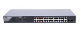 Switch Monitoreable PoE+ / 24 puertos 10/100 Mbps PoE+ / 2 puertos 10/100/1000 Mbps + 2 puertos SFP de Uplink / PoE hasta 250 metros / conexión remota desde Hik-PartnerPro / 370 W