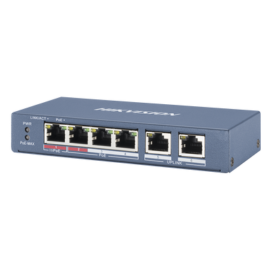 [DS-3E0106HP-E] Switch PoE+ / No Administrable / 3 Puertos 10/100 Mbps 802.3 af/at (30 W) + 1 Puerto 10/100 Mbps Hi-PoE (60 W) / 2 Puertos 10/100 Mbps Uplink / Modo Extendido hasta 300 Metros / 60 W
