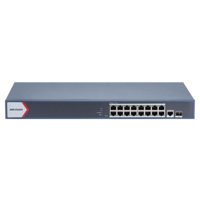 Switch Gigabit PoE+ / Administrable / 16 Puertos 1000 Mbps PoE+ / 1 Puerto 1000 Mbps de Uplink / 1 Puerto SFP /  Configuración Nube desde Hik-Partner Pro / Modo Extendido hasta 300 Metros / 230 Watts