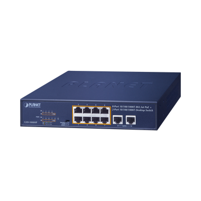 [GSD-1008HP] Switch de Escritorio No Administrable / 8 Puertos 10/100/1000T PoE+ 802.3at / 2 Puertos Uplink 10/100/1000T / Presupuesto PoE 120 Watts / Modos Estándar, VLAN y Extend / Distancia Extendida 250 mts / Rackeable