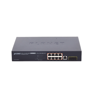 [GS-4210-8P2S] Switch Administrable Capa 2, 8 Puertos PoE 802.3af/at Gigabit, 140 W Max, 2 Puertos SFP, Modo Extendido Hasta 250 m, Soporta Administración en Nube CloudNMS ( HW Rev. 3.0 en Adelante). 
