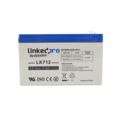 [LK712] Batería 12 Vcc / 7 Ah / UL / Tecnología AGM-VRLA / Para uso en equipo electrónico, Alarmas de Intrusión / Incendio/ Control de acceso / Video Vigilancia / Terminales F1 y F2.