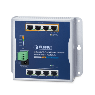 [WGS-804HP] Switch Industrial No Administrable, Múltiple Montaje (Pared, Riel DIN y Magnético), 8 Puertos Gigabit con 4 puertos PoE 802.3at, Hasta 120 W.