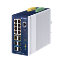 Switch Industrial Capa 3 de 8 Puertos 10/100/1000T PoE 802.3bt, 2 Puertos SFP 1 G/2.5 G, 4 Puertos SFP 10G, Instalación en Pared o Puerto DIN.