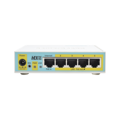[RB750UPR2] (hEX PoE LITE) RouterBoard, 5 Puertos Fast Ethernet, 4 con PoE Pasivo, 1 Puerto USB