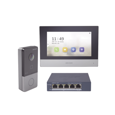 [DS-KIS603-P/S] Kit de Videoportero IP + Switch Poe Poe Estandar con llamada a App de Smartphone (HikConnect) / Apertura con tarjeta MIFARE / Frente de calle IP65 / Soporta 1 Departamento