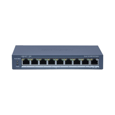 Switch PoE+ / Monitoreable / 8 Puertos 100 Mbps PoE+ / 1 Puerto 1000 Mbps Uplink / PoE hasta 300 metros / Conexión Remota desde Hik-PartnerPro / 60 W