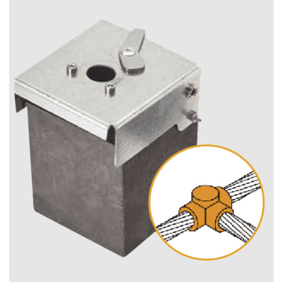 Molde de grafito horizontal unión en T horizontal de cable 1/0 AWG (pasante) con cable 1/0 AWG (terminal).
