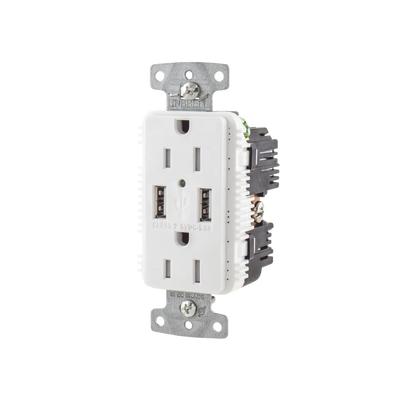 Contacto Dúplex con 2 Puertos USB, 15A 125V, 2 Polos, 3 Hilos, Color Blanco. 
