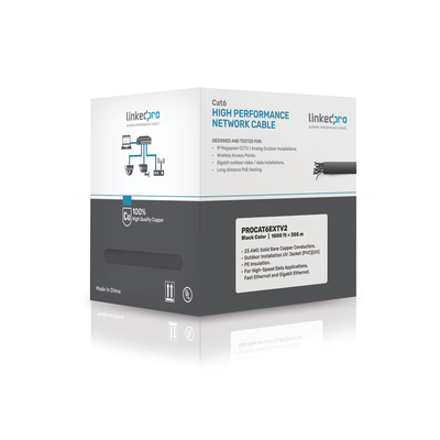 [PRO-CAT-6-EXT-V2] Bobina de Cable de 305 Metros (1000 Pies) Cat6+ Calibre 23 Exterior Blindado Tipo FTP para Climas Extremos, UL, Color Negro (Carrete Easy Pull)