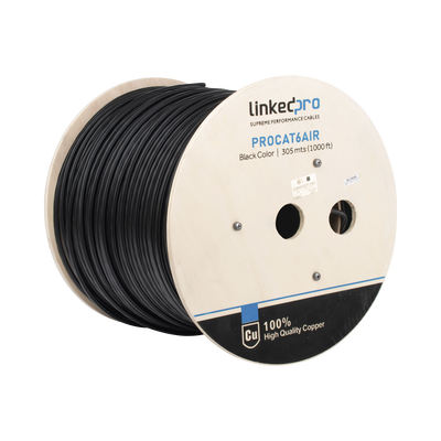 Bobina de Cable FTP con Mensajero de Acero de 305 Metros (1000 Pies) Cat6+ Calibre 23, Color Negro, para Aplicaciones en Video Vigilancia y Redes de Datos / Uso en Intemperie y Aplicaciones Aéreas