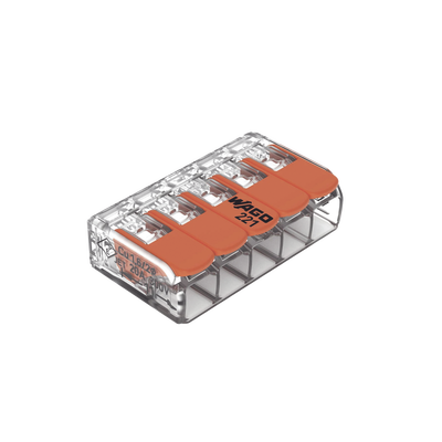 [221-415] Conector Eléctrico / Borne de Conexión con Palancas / 5 Puntos / 32A 450V / CAGE CLAMP® / Policarbonato Transparente / Para 0.14-4 mm²