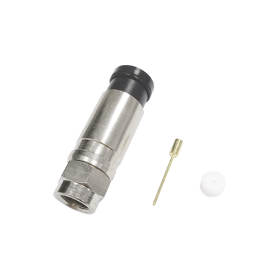 [TT11-F02] Conector F Macho de Compresión Axial con Borne Negro para instalar en Cable Coaxial RG-11, 75 Ohm, Bronce-Niquelado.