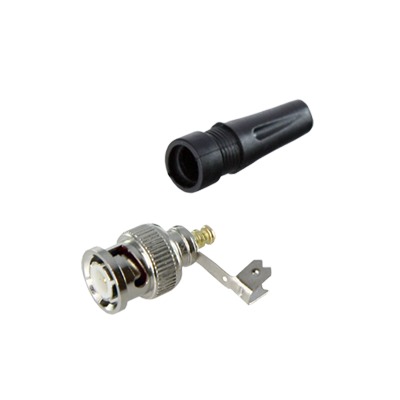 [TT-RG-93] Conector BNC macho en 75 Ohm, para cable coaxial RG-59 / Con base de alivio negra de PVC, Níquel/ Oro/ PTFE.