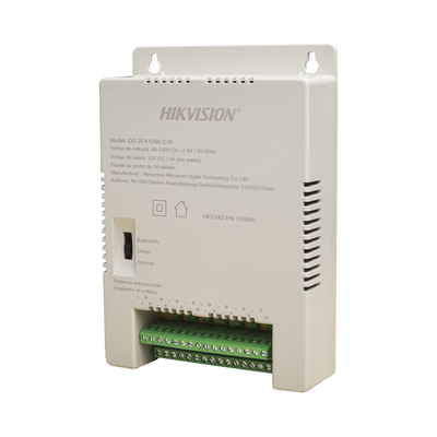 [DS-2FA1208-C16/K] Fuente de Poder Regulada 12 Vcc / 13.5 Vcc / 15 Vcc para 16 Cámaras / 16 Amp (1 Amp por Salida) / Voltaje de Entrada 90 - 130 VCA / Soporta 4K / Modo para Largas Distancias