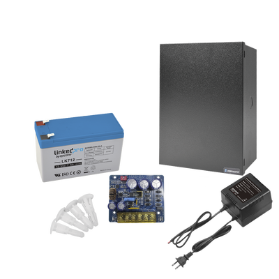 Kit con fuente PLB3 con salida de 12 Vcc a 4 Amper, incluye transformador y batería de 12 V a 7 Amper 