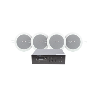 [SFB120/4CS] KIT de Amplificador de 120W para Escritorio | 4 Altavoces de Plafón de 4in | 3 - 6W | Sistema 70/100V