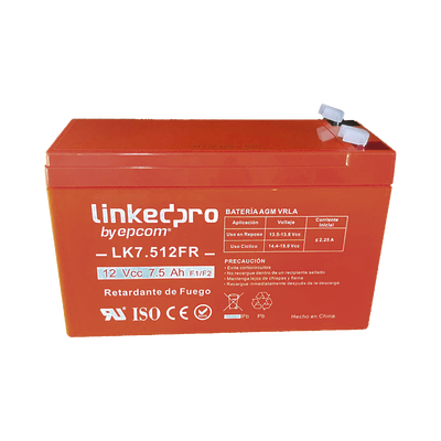 [LK7.512FR] Batería 12 V / 7.5 Ah / UL / Tecnología AGM / Vida útil promedio de 5 años / Retardante a la Flama / Para equipo electrónico, Alarmas de Intrusión / Incendio/ Control de acceso / Video Vigilancia / Incluye adaptad