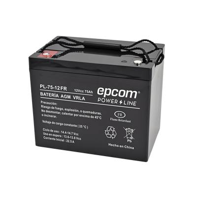Batería 12 Vcc / 75 Ah / UL / Tecnología AGM-VRLA / Retardante a la flama/ Uso en: Aplicaciones fotovoltaicas / Terminales tipo M6 / Cargador recomendado CHR-250.
