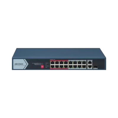 [DS-3E0318P-E/M(C)] Switch PoE+ / No Administrable / 16 Puertos 10/100 Mbps PoE+ / 2 Puertos 1000 Mbps Uplink / 1 Puerto SFP Uplink / Modo Extendido hasta 300 Metros / 130 W