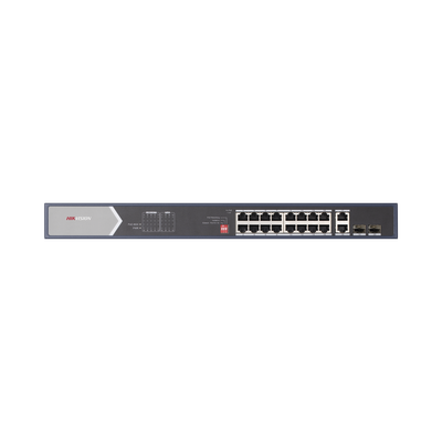 [DS-3E0520HP-E] Switch Gigabit PoE+ / No Administrable / 16 Puertos 1000 Mbps PoE+ (4 Puertos PoE++ 90 W) / 2 Puertos 1000 Mbps Uplink + 2 Puertos SFP de Uplink / Modo Extendido hasta 300 Metros / 225 W