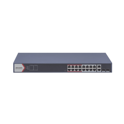 [DS-3E1318P-EI] Switch PoE+ / Monitoreable / 16 puertos 10/100 Mbps PoE+ / 2 Puertos 1000 Mbps Uplink / 2 Puertos SFP de Uplink /  Configuración Nube Hik-Partner Pro / Modo Extendido hasta 300 metros / 230 W 