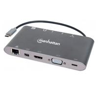 MANHATTAN 152808 - Estación Docking USB-C SuperVelocidad 7 en 1 USB 3.2 Tipo-C Macho a HDMI, Mini DP o VGA, Tres puertos USB 3.0 Tipo-A,Puerto USB-C PD, Gigabit Puerto RJ45, Lector Tarjetas SD y puert