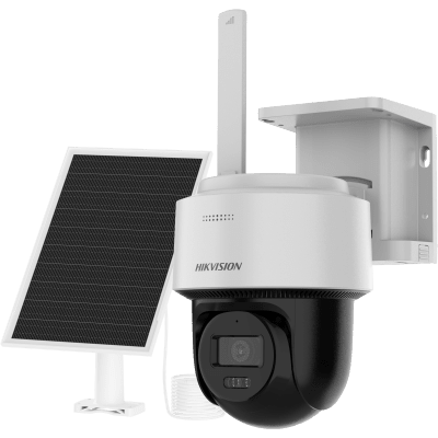 [DS-2CFSP4/4G/LA] Kit Solar IP All in One / AOV / PT IP 4 Megapixel / Lente 2.8 mm / Panel Solar + Batería de Respaldo de Litio (9000 mAh) / Conexión 4G / Audio de Dos Vías / Dual Light / IP66 / Micro SD