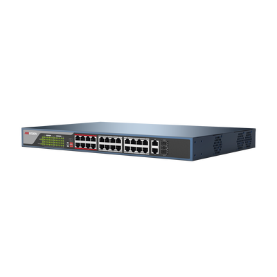 [DS-3E03-26PE] Switch No Administrable 24 Puertos PoE+ 100 Mbps / Switch PoE 250 mts Larga Distancia / 2 Puertos SFP / 2 Puertos Gigabit / 370 Watts Total
