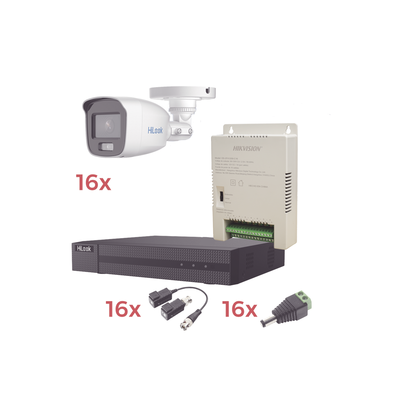[HL1080PL/16BCA] Kit TurboHD 1080p Lite / DVR 16 Canales / 16 Cámaras Bala Exterior ( 2.8mm) con ColorVu + Micrófono Integado / Transceptores / Conectores / Fuente de Poder Profesional