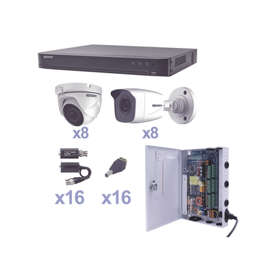 [KEVTX8T8B/8EW] KIT TurboHD 1080p / DVR 16 Canales / 8 Cámaras Bala (exterior 2.8 mm) / 8 Cámaras Eyeball (exterior 2.8 mm) / Transceptores / Conectores / Fuente de Poder Profesional
