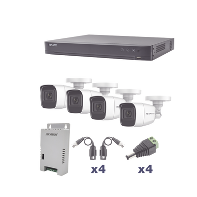 [KEVTX8T4BW/A] KIT TurboHD 1080p / DVR 4 Canales / 4 Cámaras Bala Policarbonato con Audio Integrado (exterior 2.8 mm) / Transceptores / Conectores / Fuente de Poder Profesional