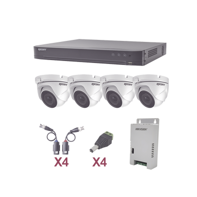 [KEVTX8T4EW] KIT TurboHD 1080p / DVR 4 Canales / 4 Cámaras Eyeball (exterior 2.8 mm) / Transceptores / Conectores / Fuente de Poder Profesional