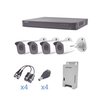 [KEVTX8T4BW] KIT TurboHD 1080p / DVR 4 Canales / 4 Cámaras Bala Metálicas (exterior 2.8 mm) / Transceptores / Conectores / Fuente de Poder Profesional