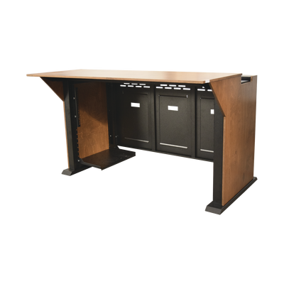 Consola Profesional para Monitoreo | Con Porta PC | Con Tomacorriente | Tapas Removibles | Color Negro y Nogal con Veta | Lamina de Acero Rolado Calibre 18 | Pintura en Polvo Electrostática.